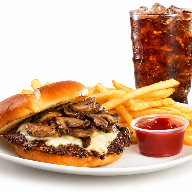 Mushroom Swiss Burger Meal.